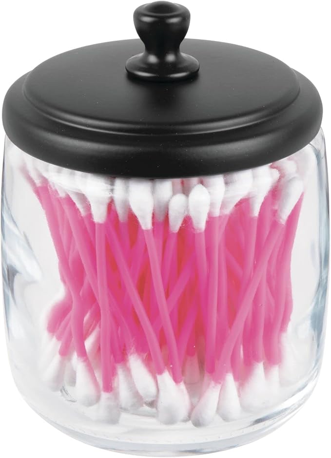 mDesign Small Apothecary Organizer Canister Jars - Glass Containers with Steel Lid for Bathroom, Organization Holder for Vanity, Counter, Hamill Collection - 2 Pack - Clear/Black