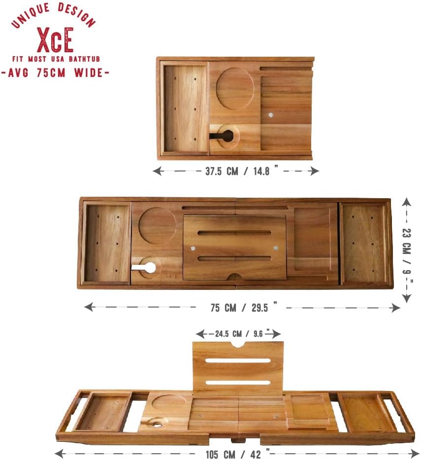 XcE Foldable Bathtub Tray Expandable to 105cm for Luxury Bath, Bath Tray for Bathtub (Acacia Wood)