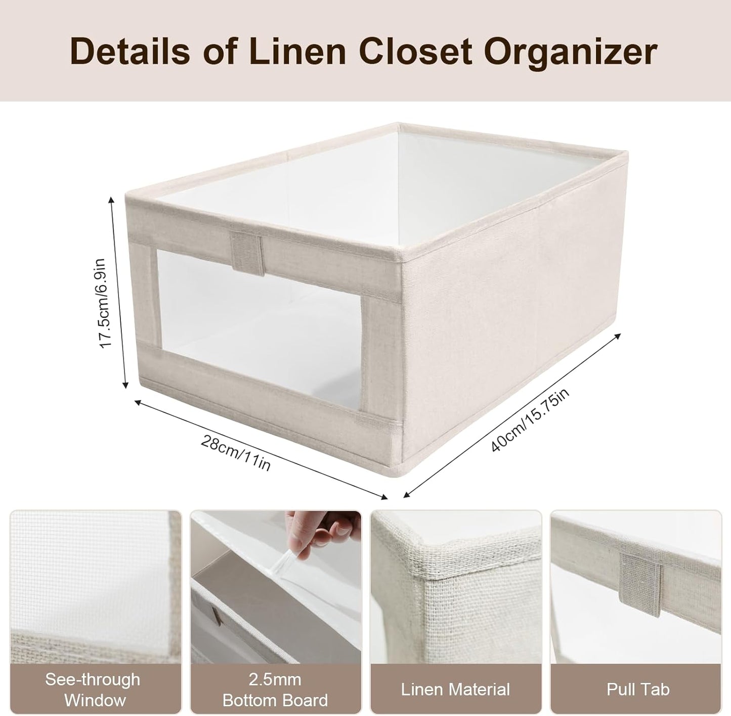 12 Pack Linen Organizers and Storage, Closet Storage Bins Linen Closet Baskets for Organization Foldable Organizer Bins with Clear Window for Organizing Clothing, Beige