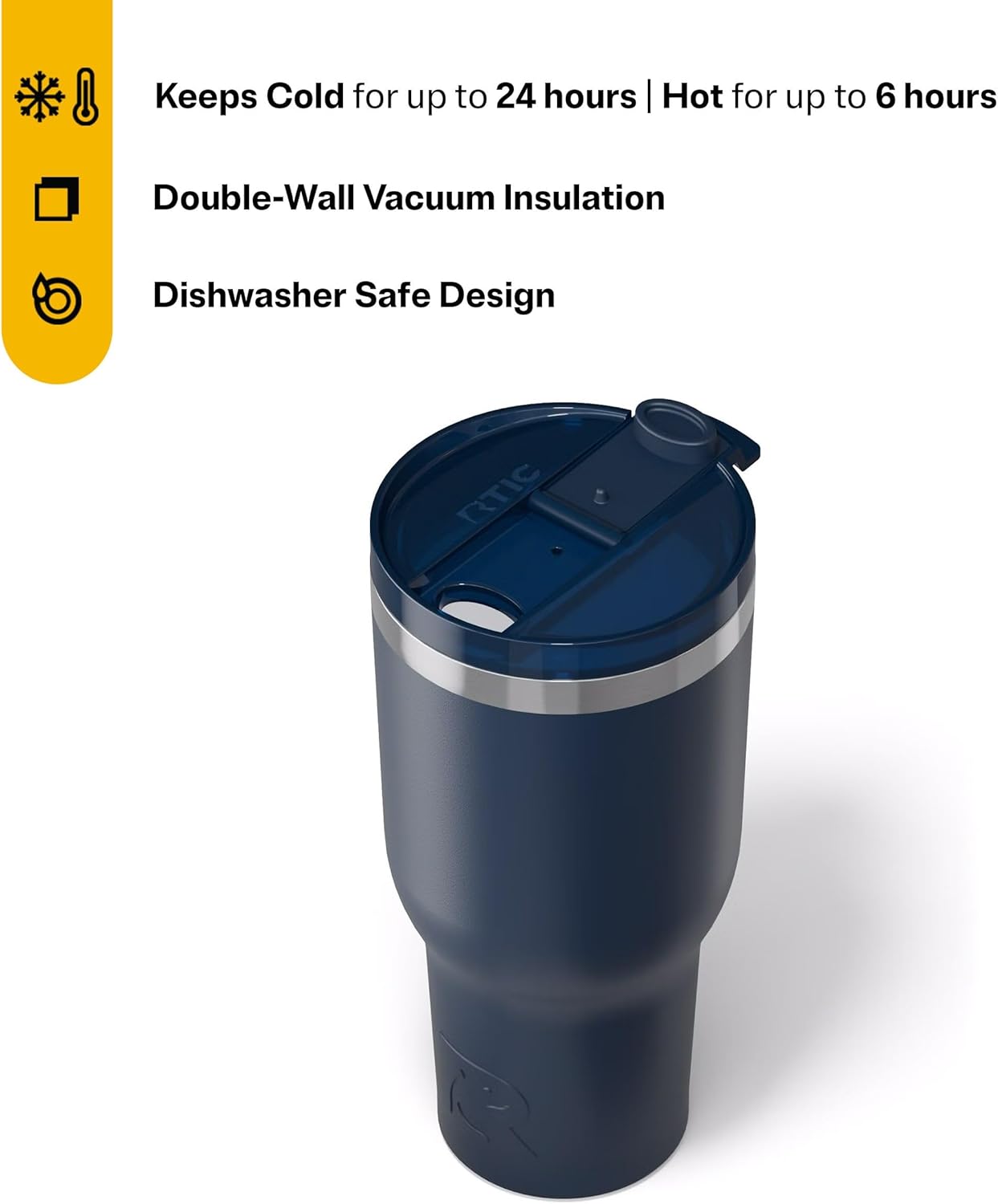 RTIC 40oz Essential Tumbler with Lid, Ceramic Lined, Insulated, Stainless Steel, Metal, Double Wall Vacuum-Insulation, Travel Cup for Iced Coffee, Tea, Hot and Cold Drink, Navy