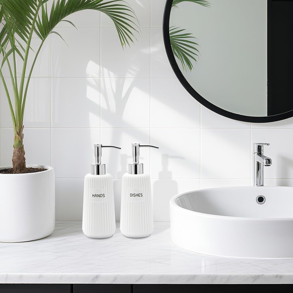 Kitchen Soap Dispenser Set with Stainless Steel Pump and Funnel, Modern Ceramic Refillable Hand and Dish Soap Dispenser Set for Kitchen, Bathroom, Office, Hotel, Matte White