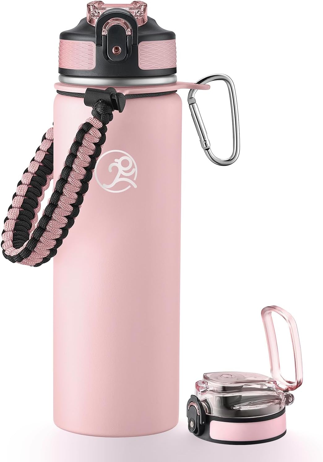 GOSWAG Insulated Sports Water Bottle, 24oz 2 Lids(with Straw/No Straw), Stainless Steel Water Bottles with Paracord Handle, Insulated Bottle with Double-Wall Vacuum Insulation
