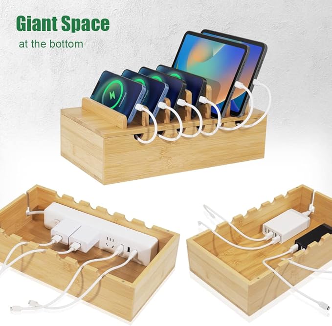 Bamboo Charging Station for Multiple Devices, Desk Docking Stations Organizer Compatible with iPhone Devices, Wood Charging Cell Phone Holder Stand (Includes 6 Cables) (NO Power Supply)