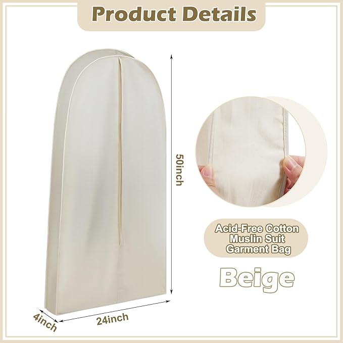 50 Inch Acid Free Cotton Muslin Suit Garment Bag Long Dress Suit Storage Box Closet Organizer for Suits, Coats, Travel Bag