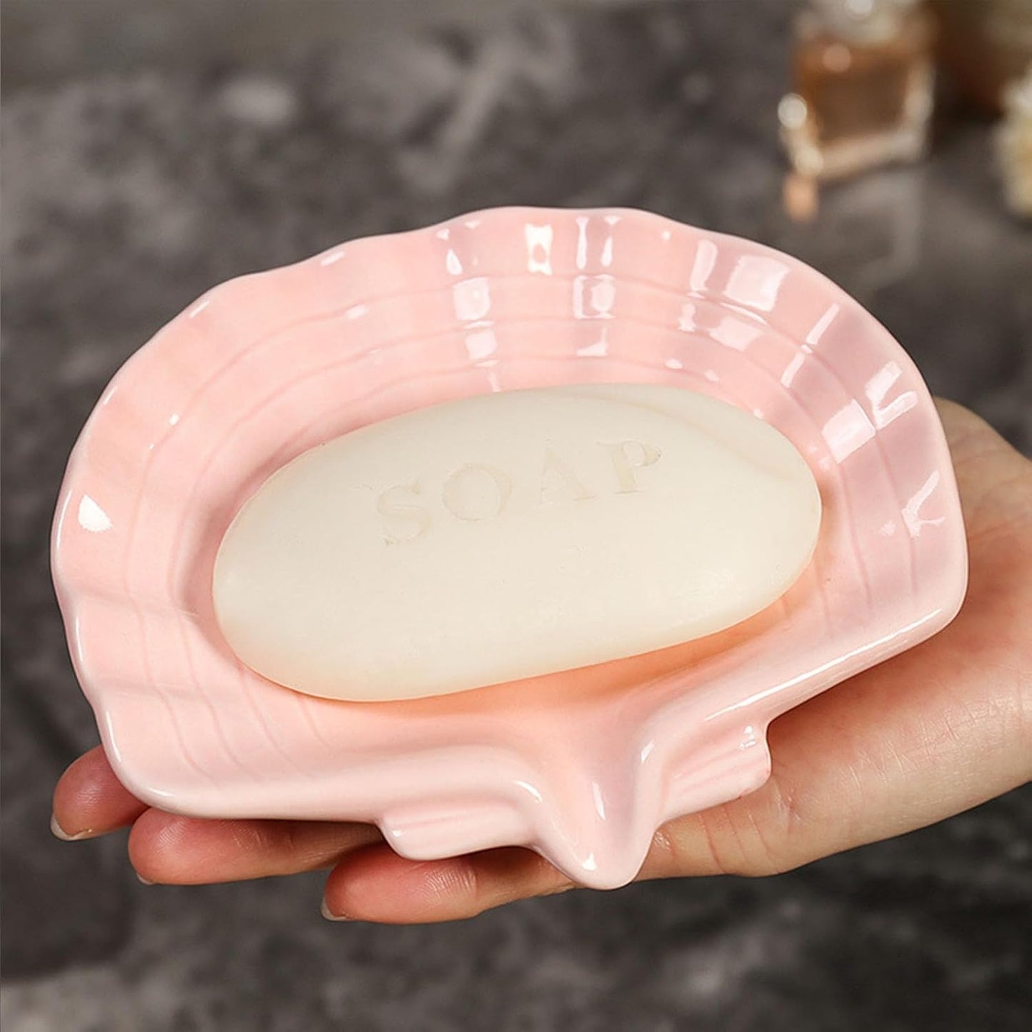 Ceramic Soap Holder, Sea-Shell Soap Tray with Self Draining, Soap Tray for Sink Washroom Bathroom Shower, Small Cute and Elegant Holder with Glaze, Easy Cleaning (Pink)