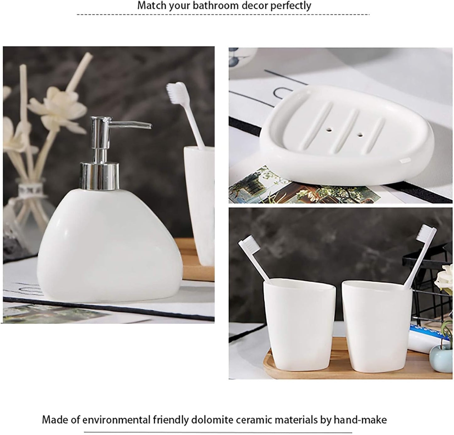 White Ceramic Bathroom Accessory Set, Bathroom Vanity Countertop Set, Bathroom Soap Dispenser and Toothbrush Holder Set Complete, 2 Tumbler Cup, Soap Dish, 5 Pieces