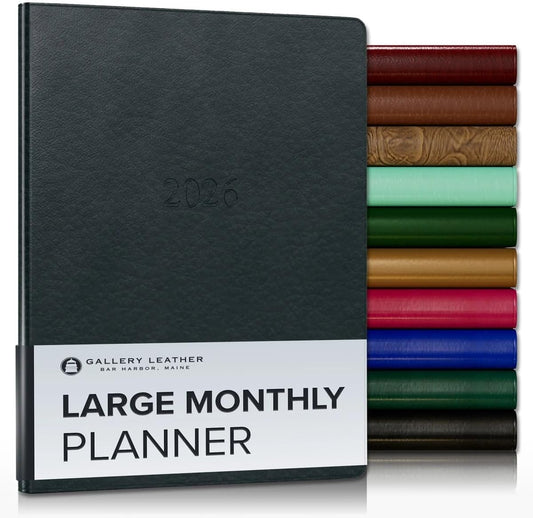 Gallery Leather Large Monthly Planner 2025-2026, Elegantly Bound Calendar Planner and Notebook with Stylish Gold-Gilded Page Edges, 18 Months - Tremont Atlantic - 9.75x7.5"