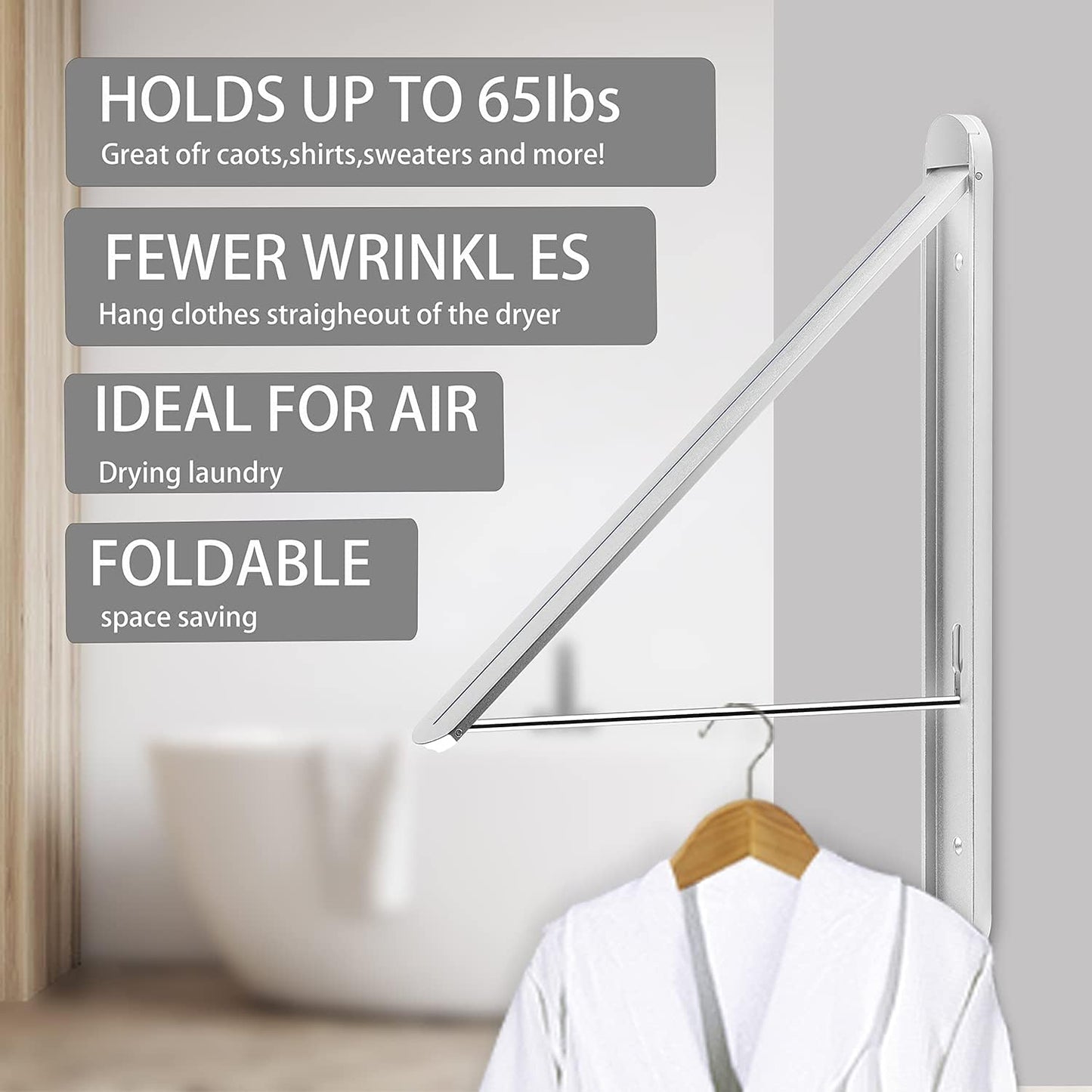 Wall Mounted Clothes Drying Rack - Foldable Indoor Laundry Rack,Space Saving Collapsible Clothes for Bathroom, Dorm, Apartment, RV, Laundry Room Organization.(Silver-Aluminum)