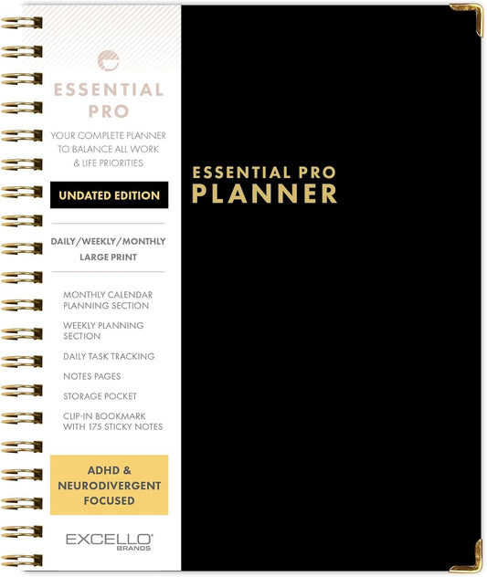 ESSENTIAL PRO Undated Daily, Weekly & Monthly Planner,Monthly Tabs,Daily Tracking,Notes Pages,Storage Pocket,Bookmark w Sticky Notes (Black)