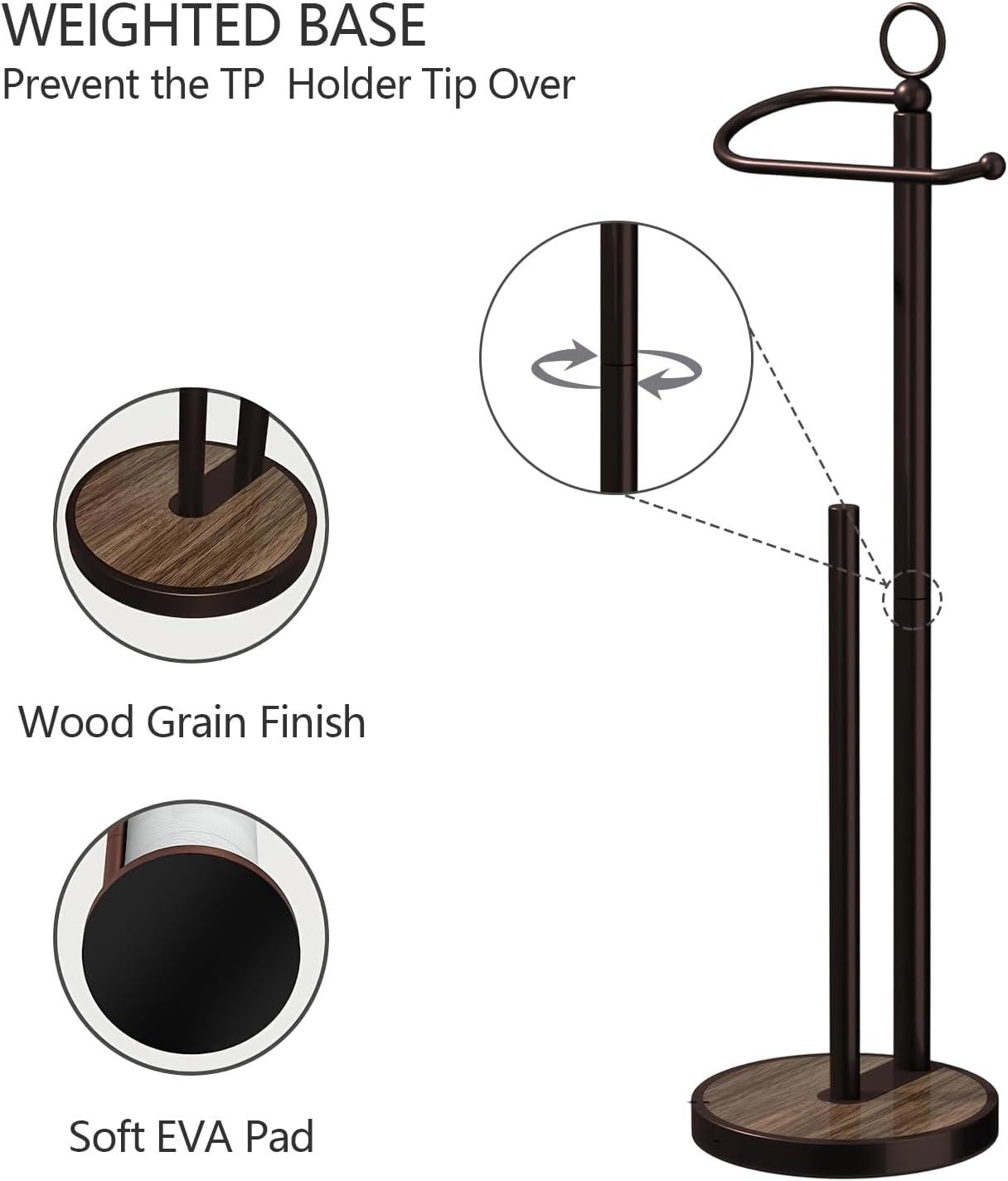 Toilet Paper Holder Free Standing with Storage 4 Rolls Stainless Steel Toilet Paper Holder Stand with Weighted Wood Grain Base Space-Saving Tissue Roll Holders for Bathroom Oil Rubbed Bronze
