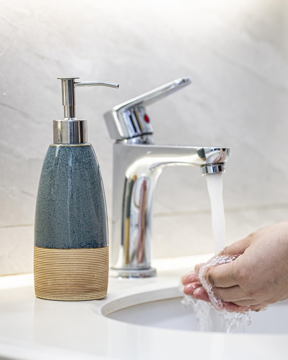 12 oz Dish Soap Dispenser with 2 Pumps, Ceramic Hand Soap Bottle for Shampoo, Body Wash, Lotion, Liquid Dispenser for Kitchen Countertop with Silicone Funnel, Ideal for Thanksgiving, Christmas, Blue