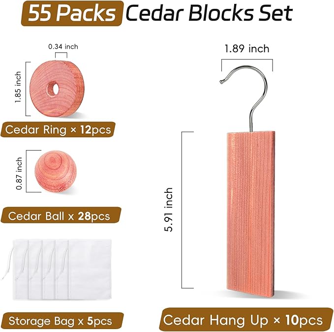 Cedar Blocks for Clothes Storage 55 Pack, 100% Natural Aromatic Cedar Chips and Cedar Wood Balls for Closets & Drawers Freshener