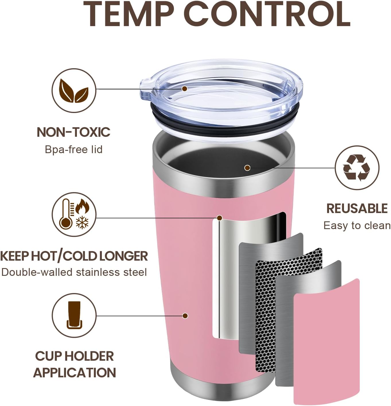 MEWAY 20oz Tumbler 4 Pack Double Wall Vacuum Insulated Travel Mug Bulk, Stainless Steel Tumblers with Lid and Straw, Durable Powder Coated Coffee Cups for Cold & Hot Drinks (Pink, 4)