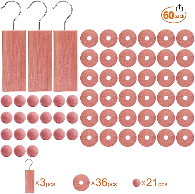 Cedar Blocks for Clothes Storage, Cedar Wood Chips and Balls for Drawer 60PCS, Closet and Kitchen Freshener, 100% Natural Cedar Blocks
