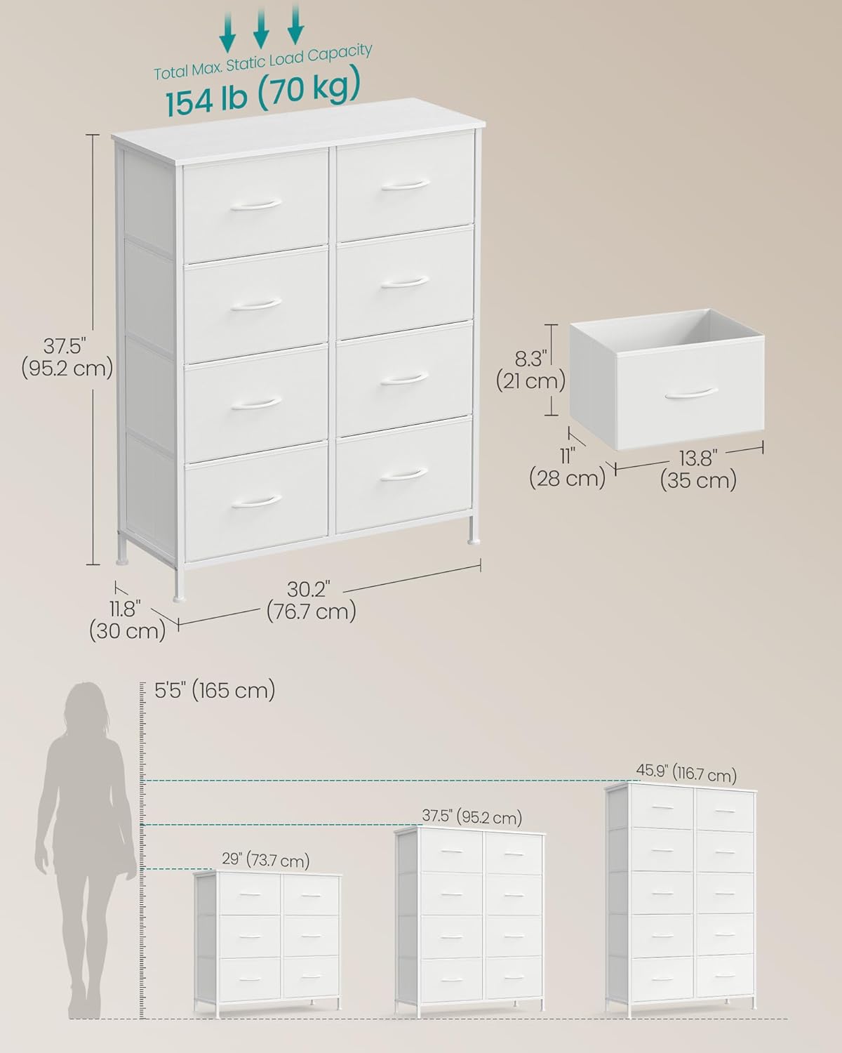 SONGMICS Dresser for Bedroom, Chest of Drawers, Steel, MDF, 8 Non-Woven Fabric Drawers, Storage Organizer Unit, Closet, Entryway, Cloud White and Snow White ULGS124W01S