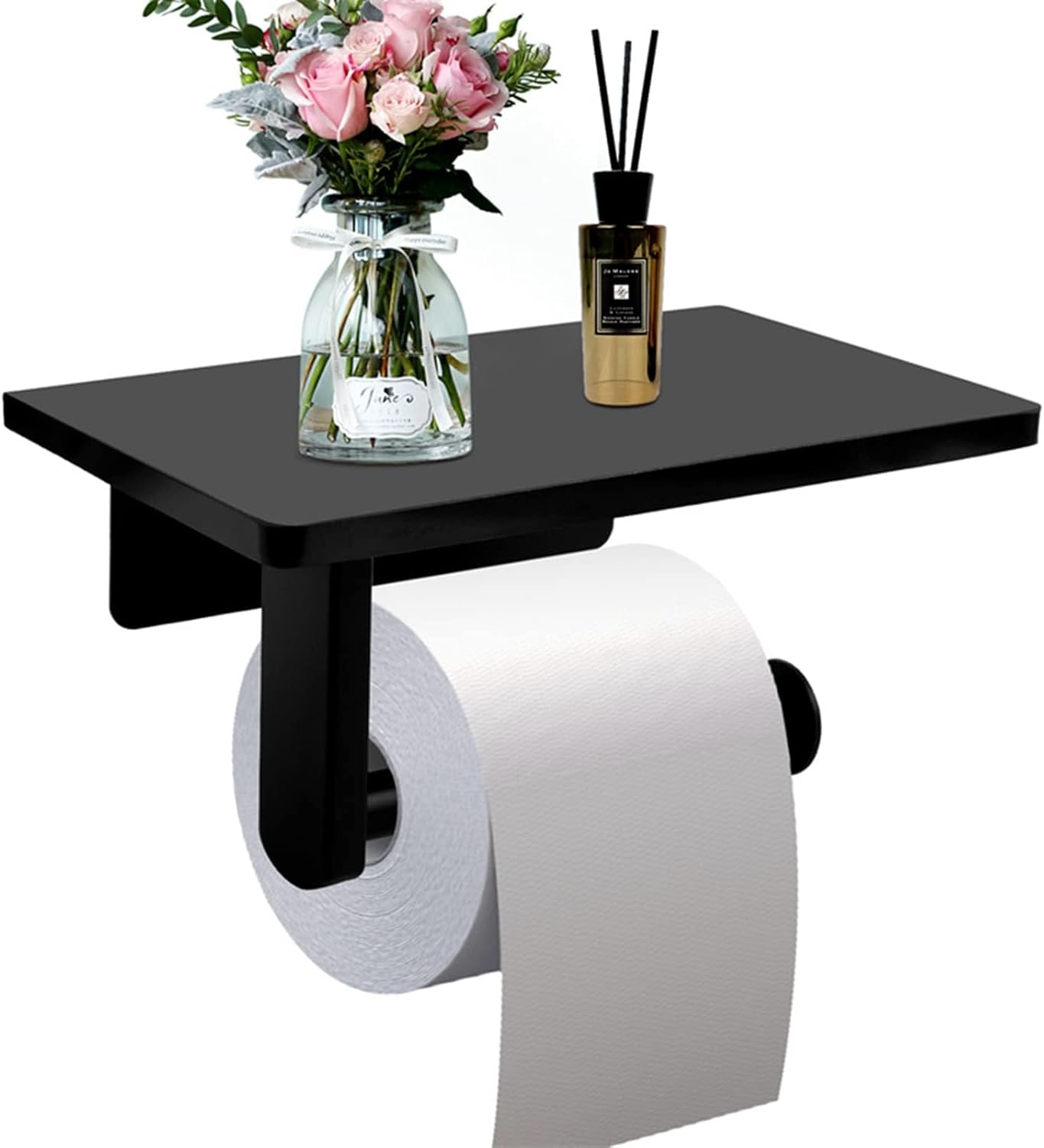 Toilet Paper Holder with Natural Marble Shelf for Bathroom Washroom,Wall Mounted Tissue Holder Suitable for Mega Roll (Middle 7.87 * 4.72 in, Black)