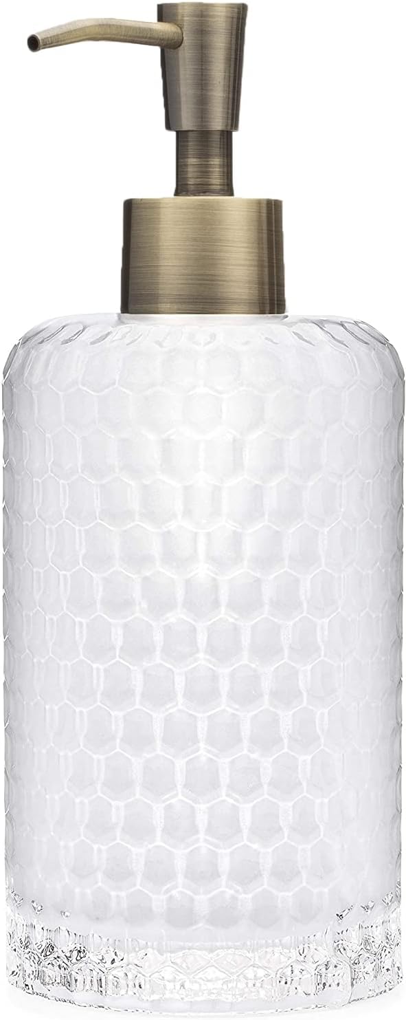 Rail19 Frosted Milk + Honey Glass Soap Dispenser | Vintage-Inspired Modern Refillable Soap & Lotion Pump Bottle for Bathroom Vanity Countertop and Kitchen, 12oz (Antique Brass)