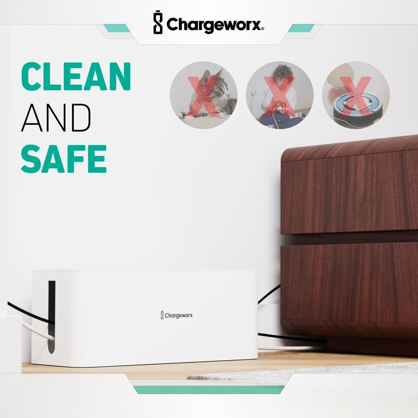 ChargeWorx Cable-Management Box Set, Cord Organizer, Cable Box to Hide Surge Protectors and Power Strips, Desk and Floor Cord Management, Home Office and TV Wire Concealer, White