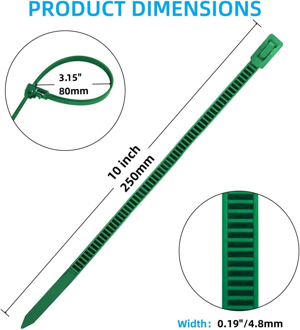 250 Count 10 Inch Reusable Cable Ties Green – Heavy Duty Releasable Zip Ties, 36 LBS for Electronics, Gardening, and Multi-Purpose Bundling