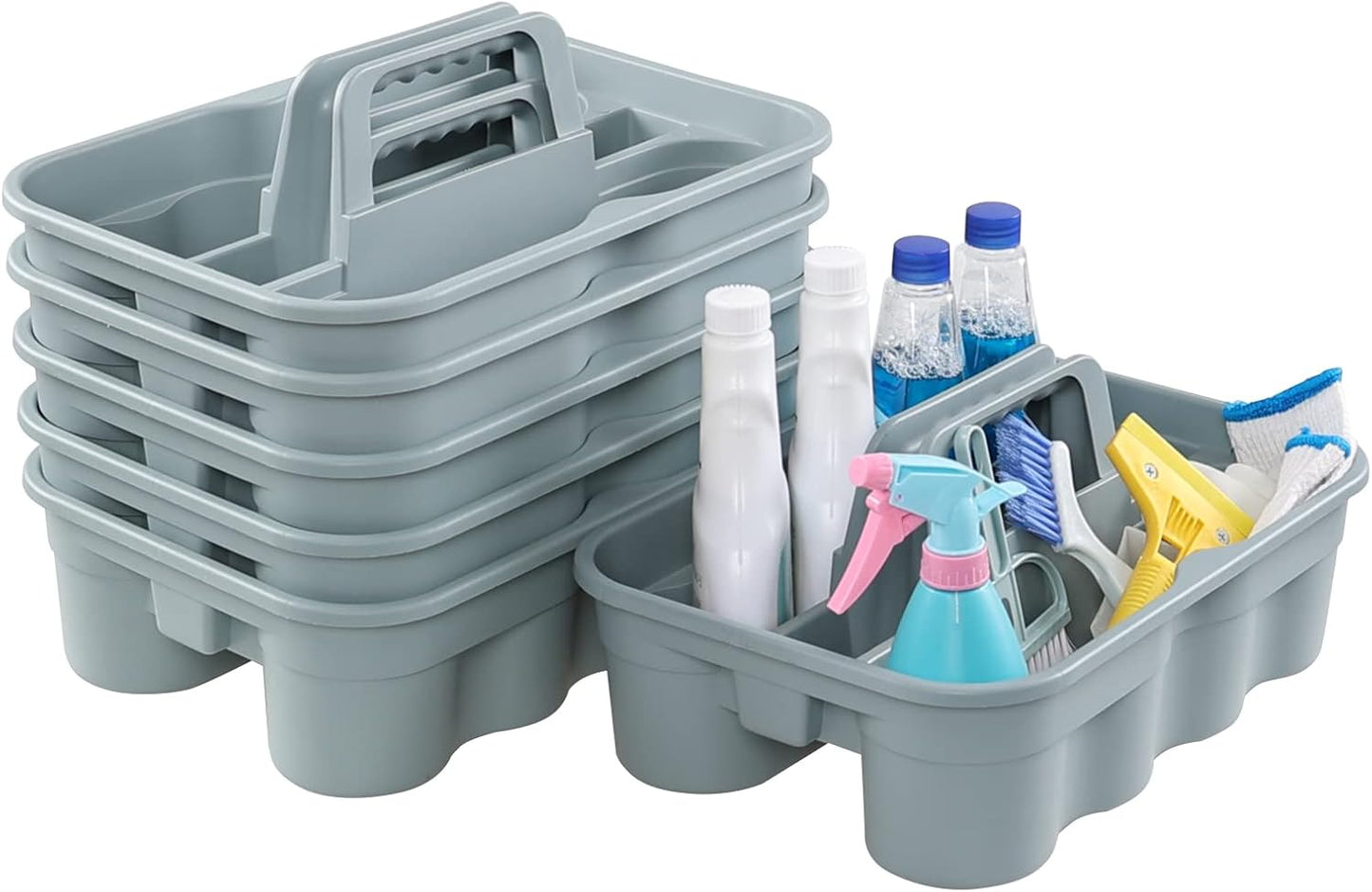 6-Pack Plastic Caddy for Cleaning Products, Caddy with Handle, Gray