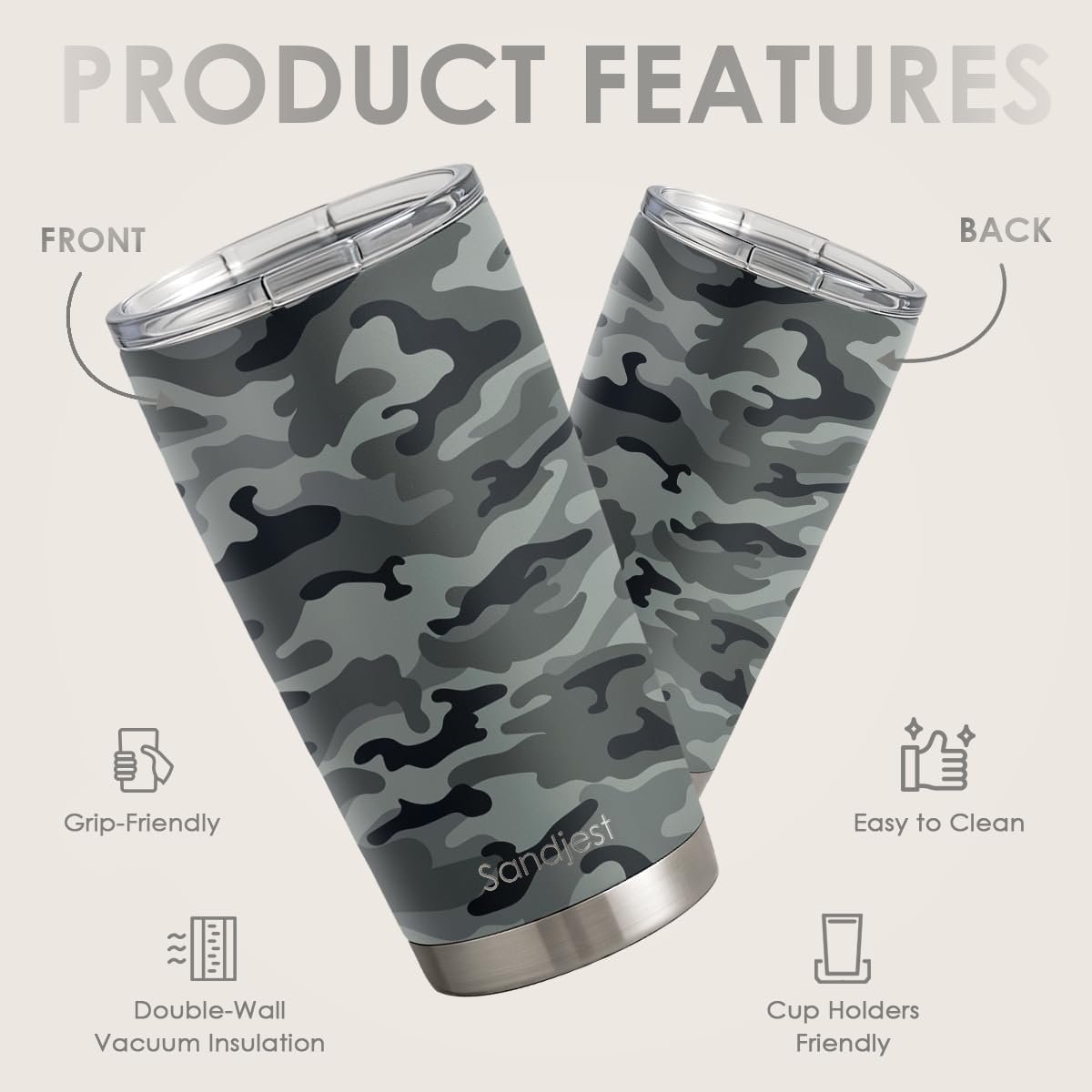 SANDJEST Camo Tumbler 20oz Stainless Steel Double Insulated, Travel Coffee Cup, Gifts for Men Women, Hunting Lovers, Birthday Christmas