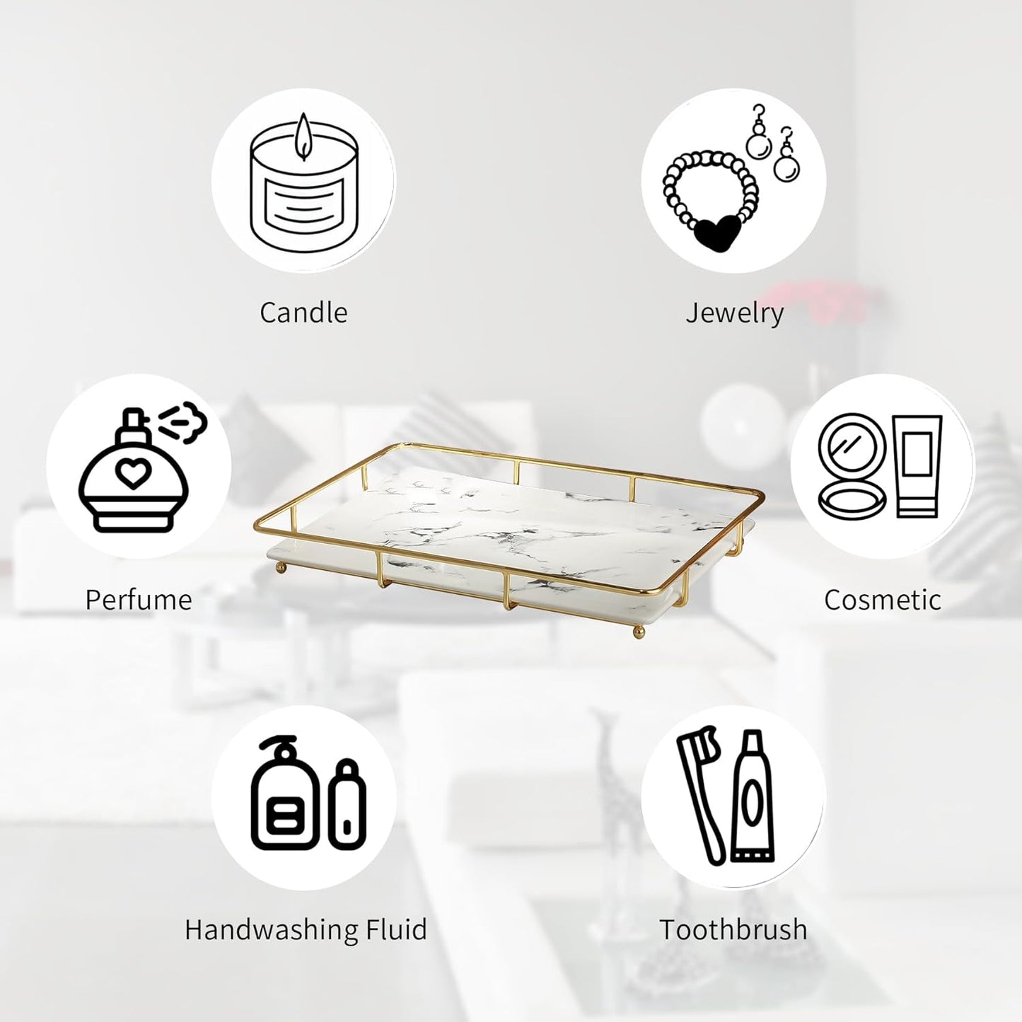 Vanity Tray Makeup Organizer Cosmetics Storage Bathroom Skincare Organizer Countertop Display Rack in Dresser Stainless Steel Shelf Marble Print Ceramic Trays