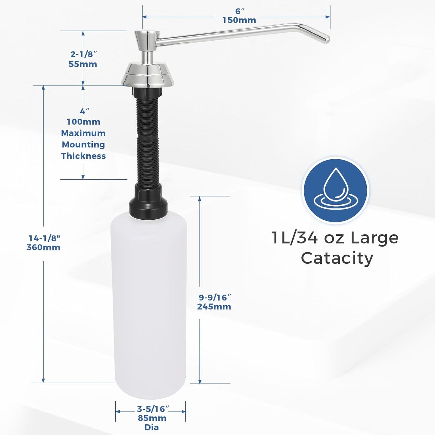 Heavy Duty Brass Countertop Liquid Soap Dispenser, Commercial Grade Top Fill Built-in Soap Dispenser with 34 oz/ 1L Bottle for Bathroom, Kitchen, Public Restroom, Chrome Finish, 6” Spout