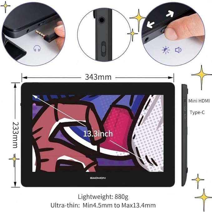 GAOMON PD1320 Pen Display Drawing Tablet, 13.3 Inch Full Laminated 120% sRGB Graphics Monitor with Tilt Support for Artists, Design, Animation - Compatible with Windows/Mac/Android