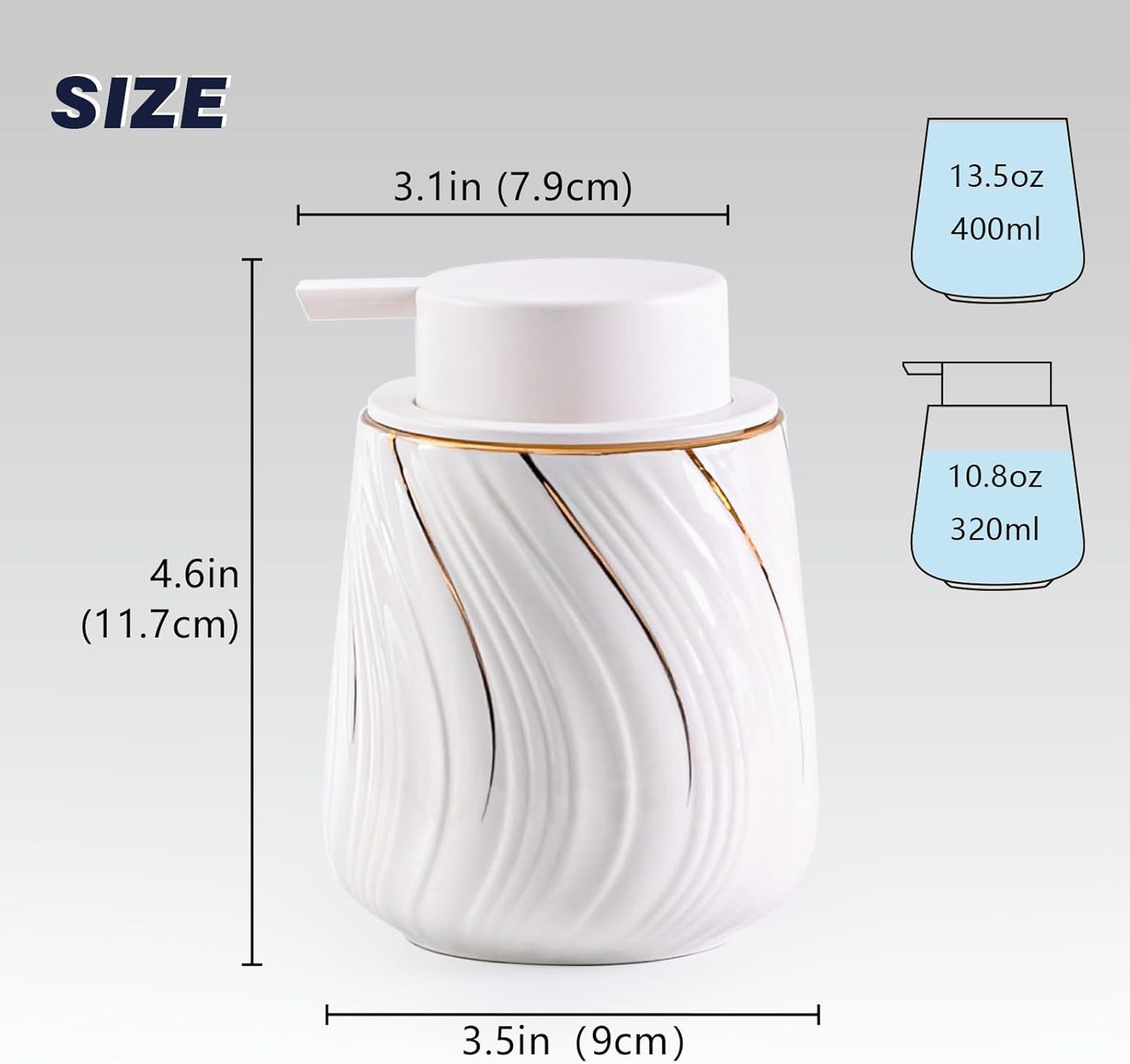 Foam Hand Soap Dispenser - 13.5 oz Ceramic foaming Hand soap Dispenser with Easy-to-Press Pump for Bathroom refillable Liquid Hand soap Dispenser (Foam-White with Gold Thread)