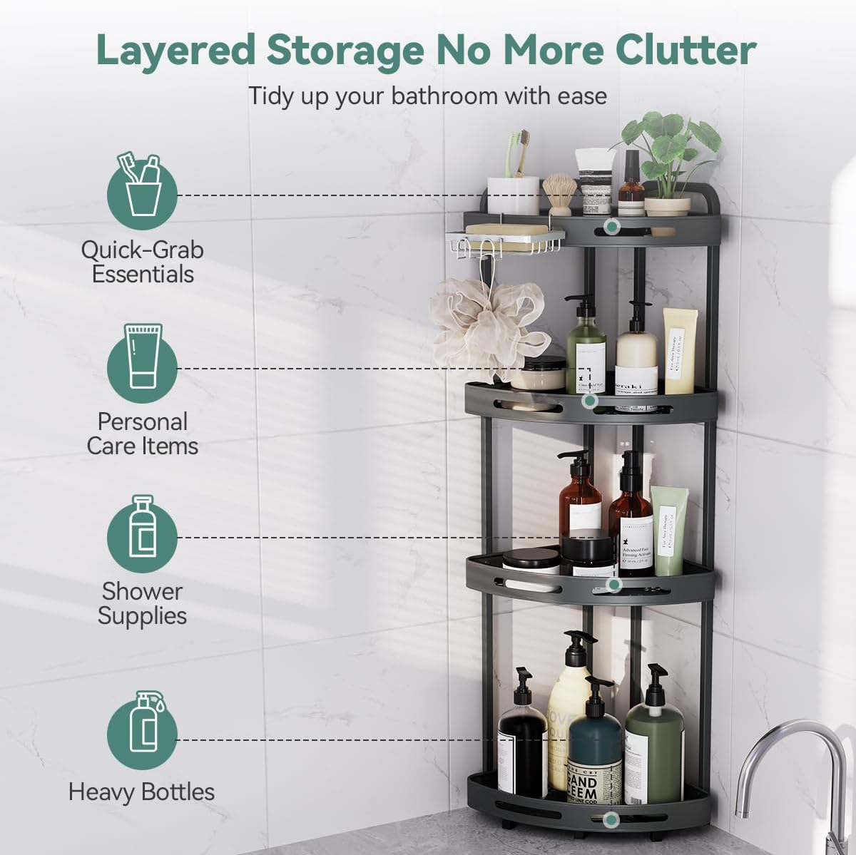 Corner Shower Caddy Stand, 4 Tier Rustproof Standing Shower Organizer with Soap Holder, Aluminum Shower Shelf for Bathroom Storage, Gray