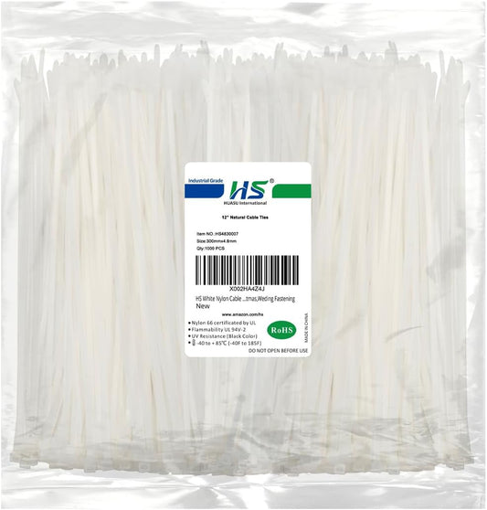 HS White Nylon Cable Ties 12 Inch Zip Ties (1000 Pack) 50 LBS Heavy Duty Clear Zip Ties 12in Plastic Ties Straps for Electrical,Christmas,Weding Fastening