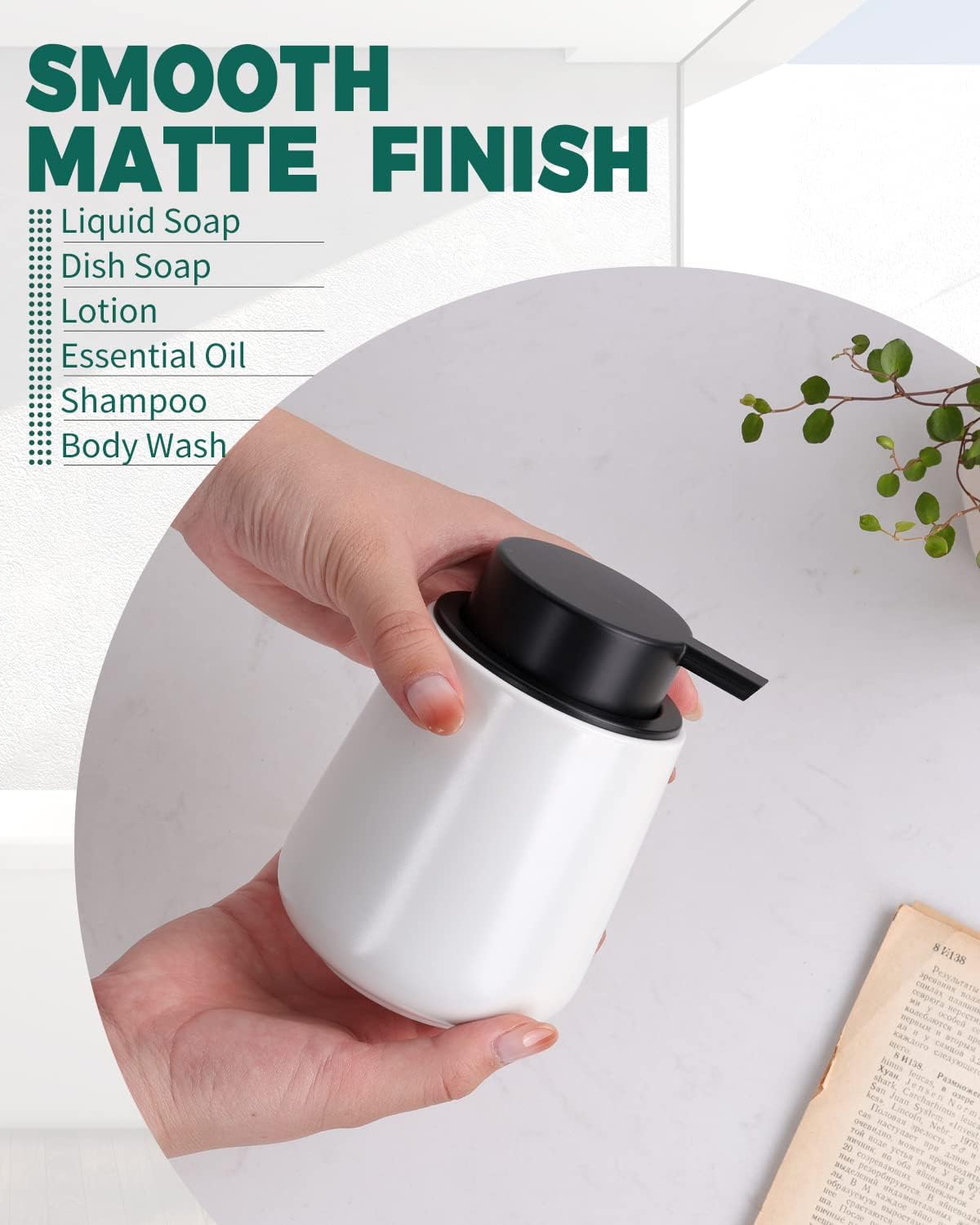 Bosilunlife Liquid Soap Dispenser - 12Oz Lotion Dispenser with Pump Matte White Ceramic Soap Dispenser Bathroom Dish Hand Wash Dispenser for Kitchen Pump Dispenser