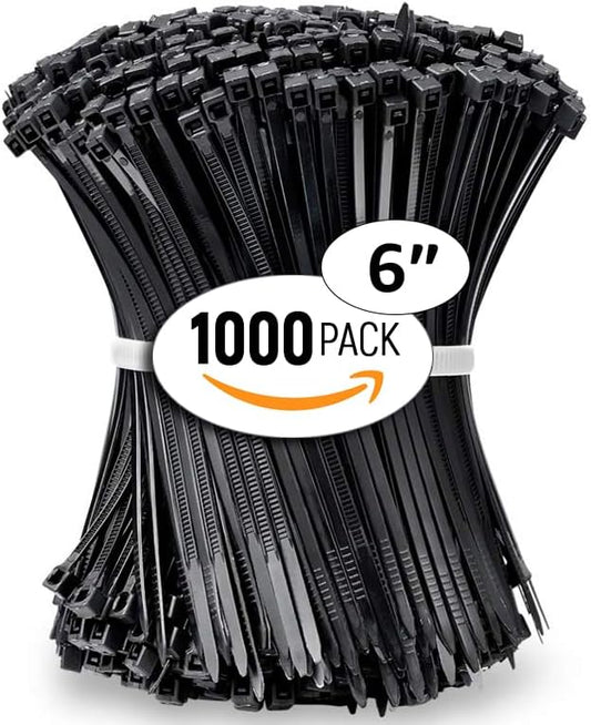 ALBO Zip Ties Black 6 Inch 1000 Pack 40 lb, Long Plastic Cable Ties Thick 0.14 Inch Tie Wraps Heavy Duty UV Resistant Nylon Wire Ties for Indoor and Outdoor