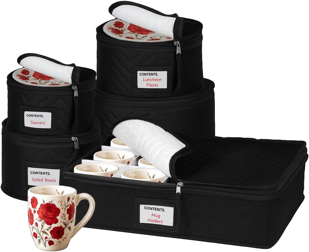 China Storage Containers 5-Piece Set Moving Boxes for Dinnerware, Glasses, Plates, Mugs and Saucers Sturdy Quilted Microfiber Dish Organizer with Dividers for Seasonal Storage - Holds Set of 12, Black