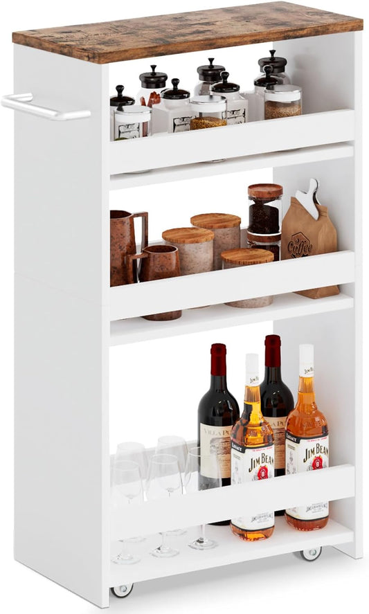 MARTY Rolling Storage Cart 7.9" W, 4-Tier Kitchen Cart with Wheels Handle, Slim Storage Cart Mobile Shelving Utility Carts for Bathroom Laundry Room Organization Narrow Places (White)