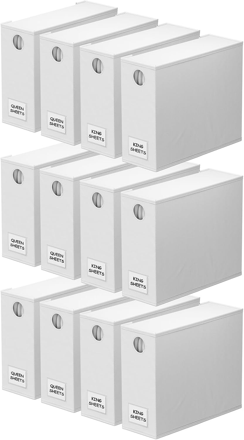 SpaceAid 12 Pack Bed Sheet Organizers and Storage, Foldable Sheet Organizer for Linen Closet, Sheets Set Folder Keeper with Window XL (Queen & King Size) Bedding Container (White, 12 Pack)