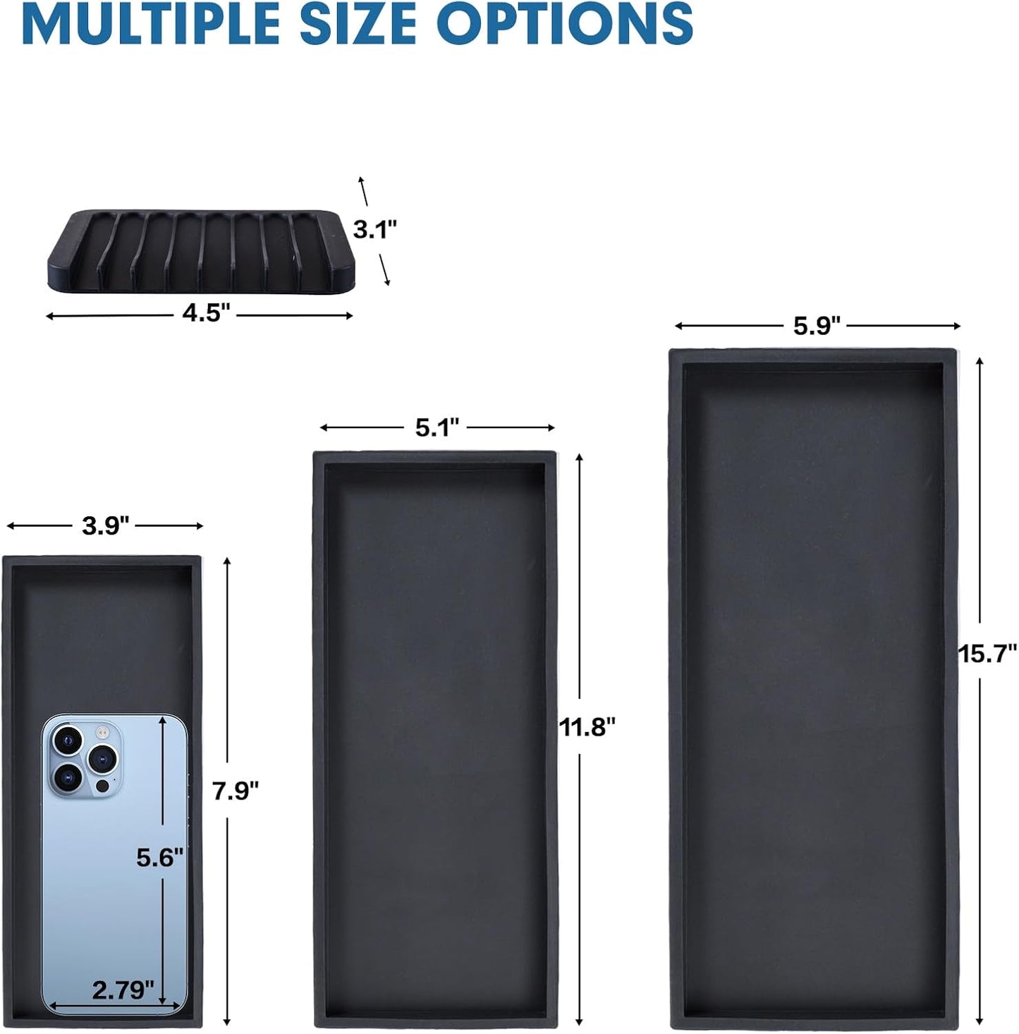 Bloss Small Bathroom Vanity Tray with Soap Dish, 8 x 4 inch Silicone Kitchen Soap Tray,Bathroom Counter Trays Organizer for Candle Perfume Jewelry Key, Black