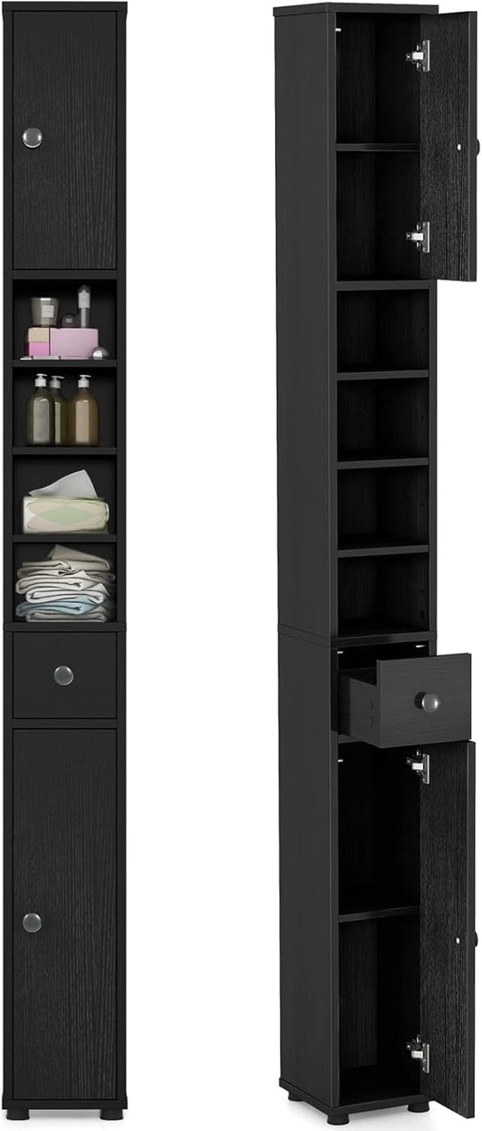 71" Tall Narrow Bathroom Storage Cabinet, Modern Skinny Toilet Paper Storage Organizer w/1 Drawer, 2 Doors & 5 Adjustable Shelves, Slim Tower Floor Cabinets for Small Spaces