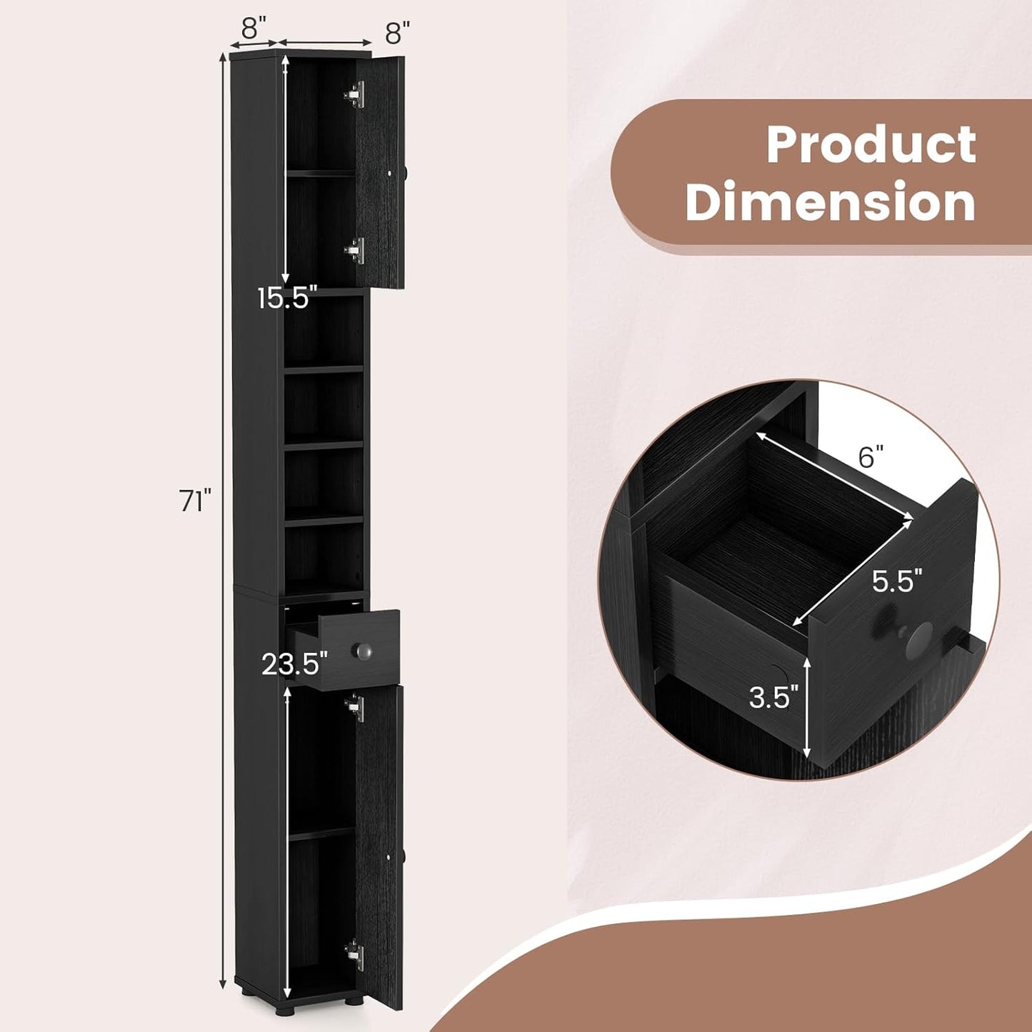 71" Tall Narrow Bathroom Storage Cabinet, Modern Skinny Toilet Paper Storage Organizer w/1 Drawer, 2 Doors & 5 Adjustable Shelves, Slim Tower Floor Cabinets for Small Spaces