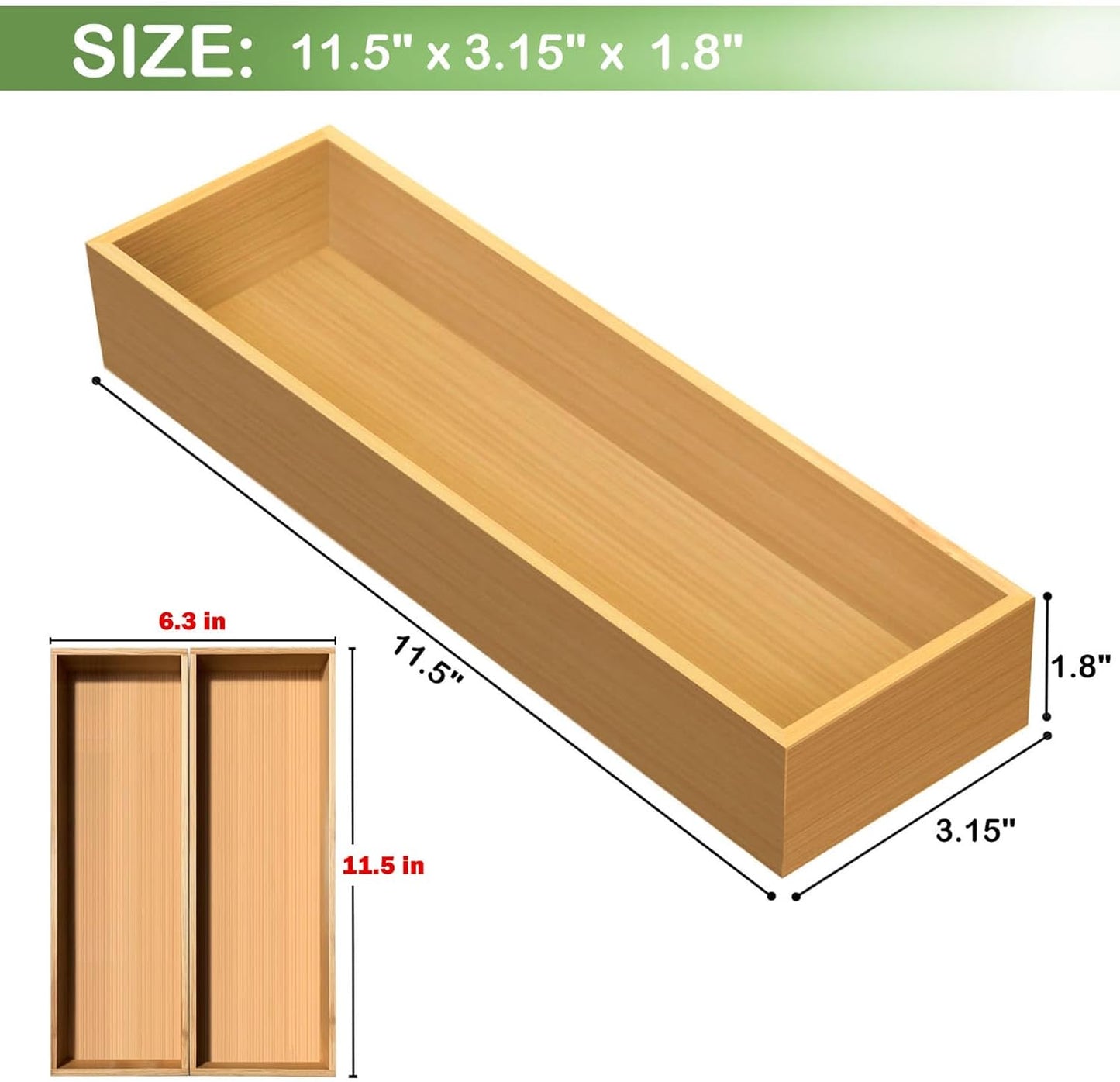 Bamboo Drawer Silverware Organizer, Flatware Organizers, Multi-purpose Bamboo Storage Box for Kitchen, Offices and Dressing table 11.5" x 3.15" x 1.8" (Set of 2)