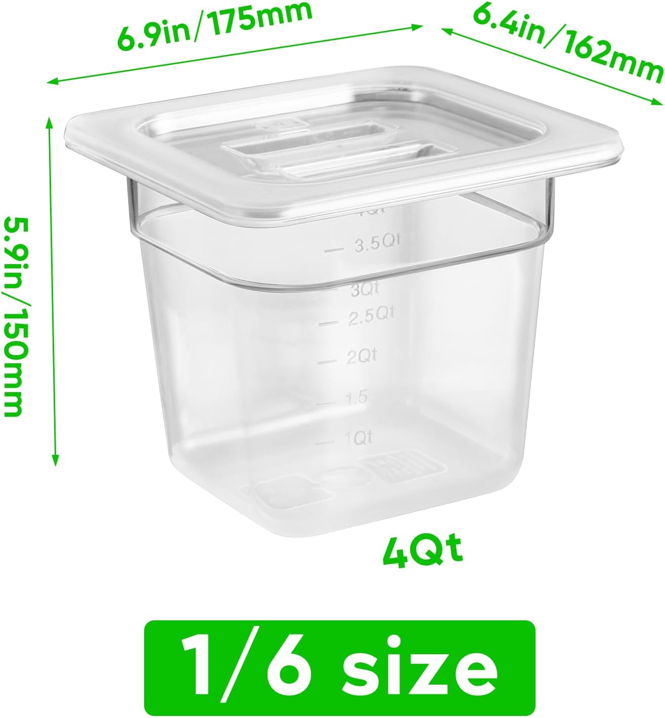 6 Pack 1/6 Size 6'' Deep Clear Food Pans with Lids, Commercial Food Pans Polycarbonate Transparent Food Storage Containers, Stackable Plastic Pan with Capacity Scale, Restaurant Supplies Hotel Pan
