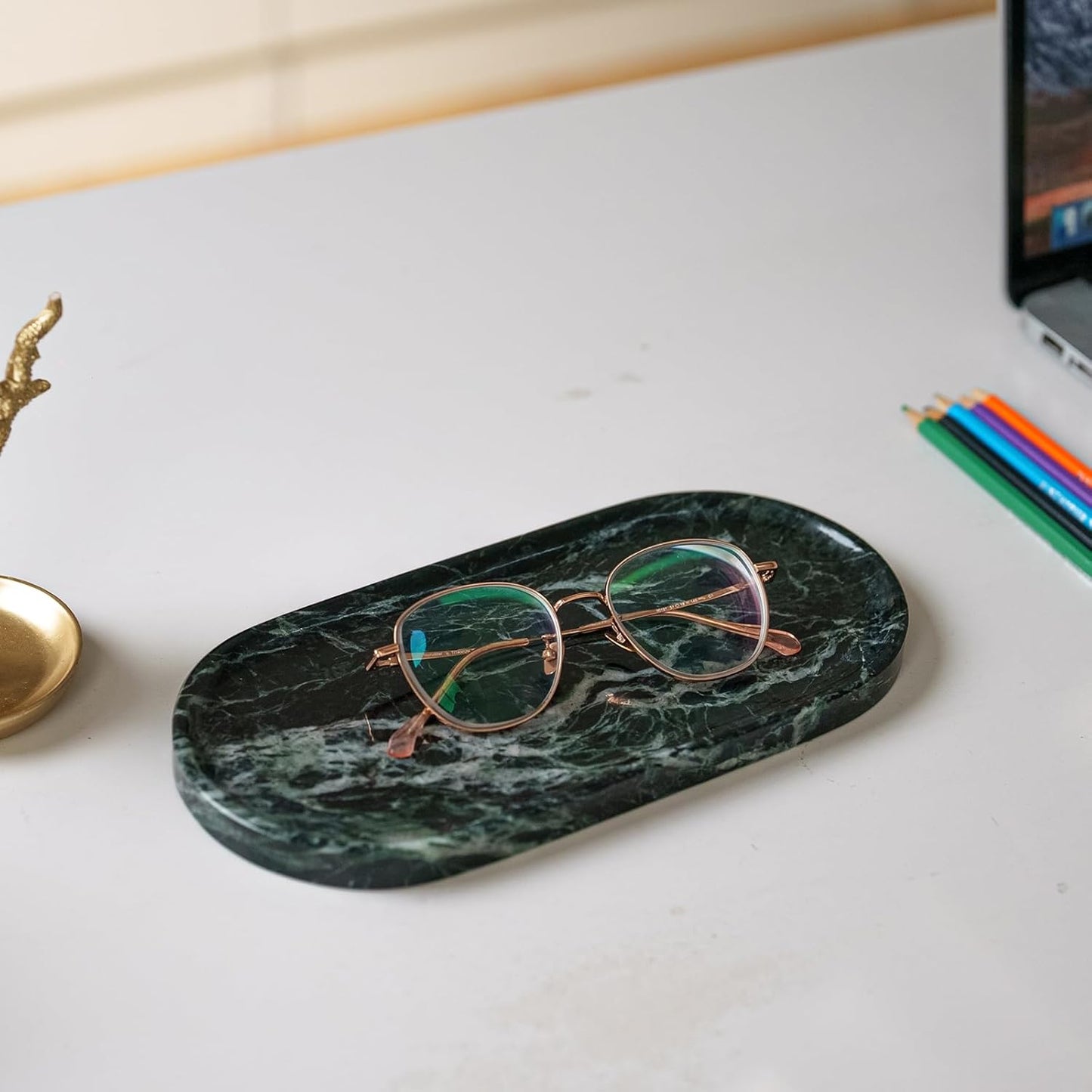 Emerald Green Marble Tray | Bathroom Jewelry Organizer | Spa-Quality Perfume Tray for Dresser, Nightstand, Makeup Table | Natural Stone & Non-Slip Base,9.8"x4.7"x0.6"