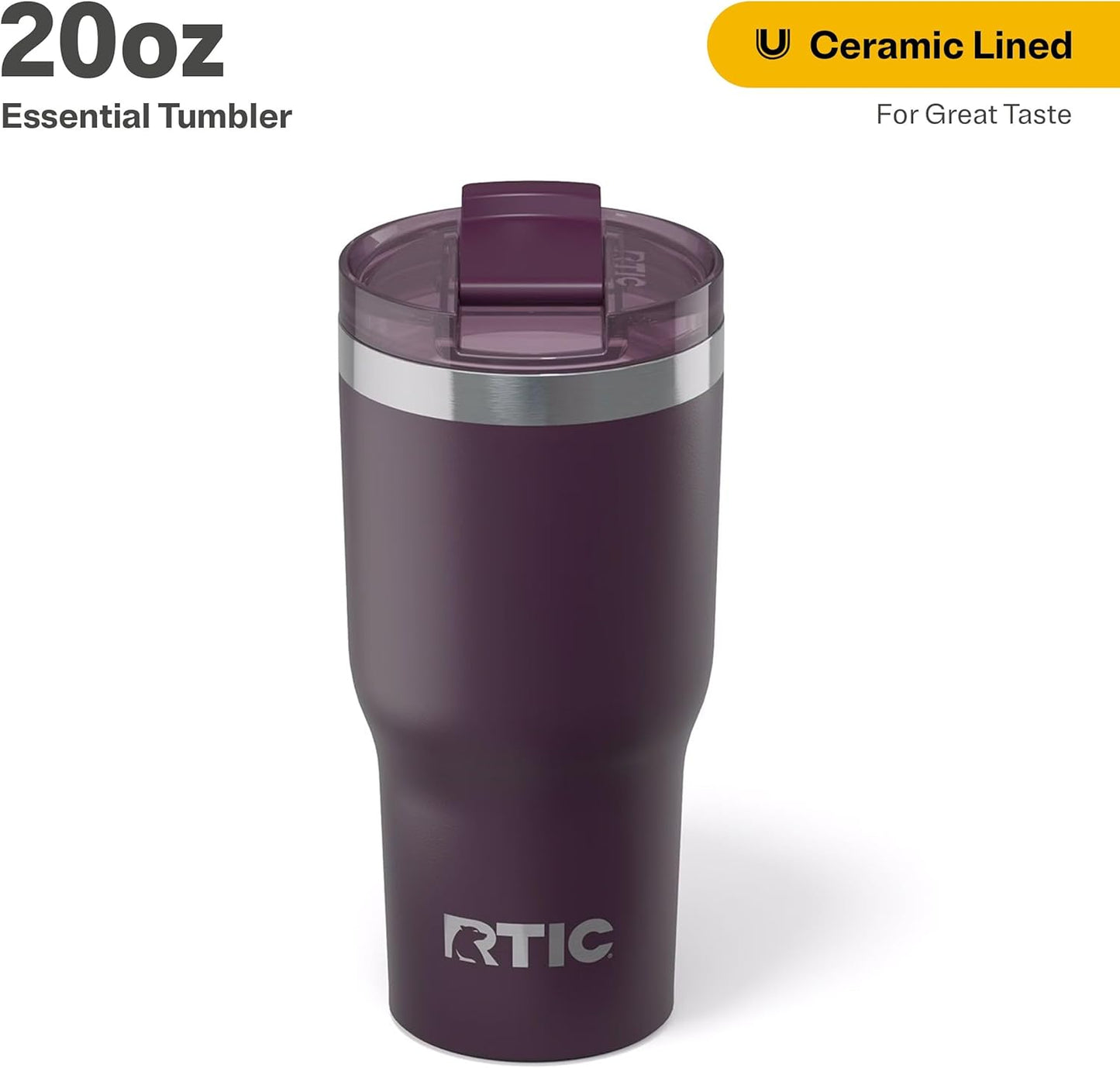 RTIC 20oz Essential Tumbler with Lid, Ceramic Lined, Insulated, Stainless Steel, Metal, Double Wall Vacuum-Insulation, Travel Cup for Iced Coffee, Tea, Hot and Cold Drink, Plum
