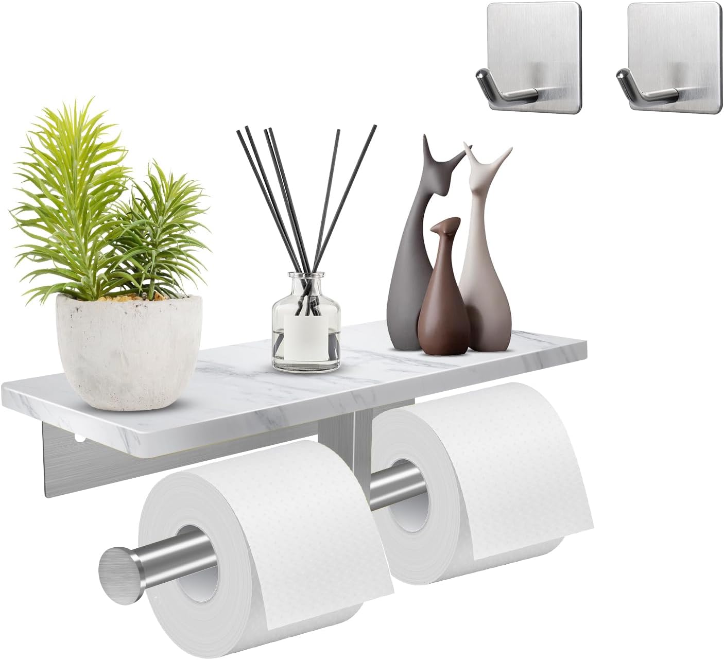 Toilet Paper Holder with Shelf, Double Toilet Paper Holder Wall Mount and 2PCS Free Adhesive Hooks for Bathroom Washroom, Marble Toilet Paper Holder Brushed Nickel
