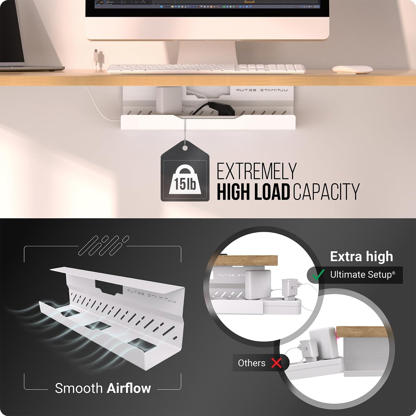 Under Desk Cable Management Tray no Drill – Wire Management - Cord Organizer – Huge Load Capacity – Under Desk Cable Tray no Drill (White, 1 Piece Set)