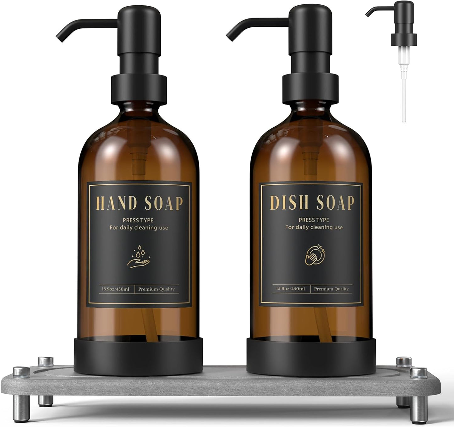 Luxspire Soap Dispenser Set, Hand Soap Dispensers with Fast Drying Tray, 17 oz Glass Refillable Liquid Bottle for Bathroom & Kitchen, Kitchen, 2 Pack, Brown + Dark Gray