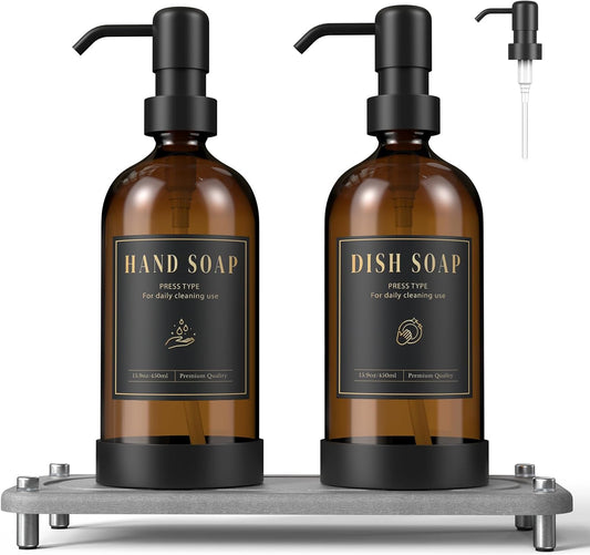 Luxspire Soap Dispenser Set, Hand Soap Dispensers with Fast Drying Tray, 17 oz Glass Refillable Liquid Bottle for Bathroom & Kitchen, Kitchen, 2 Pack, Brown + Dark Gray