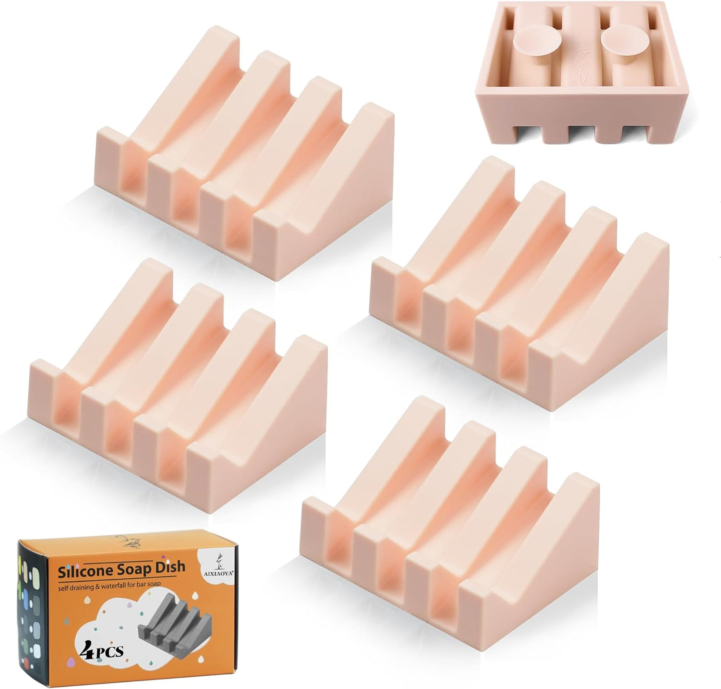 Silicone Soap Dish with Drain, Upgrade Double Suction Cups at The Bottom for Anti-Slip and Stability, Soap Dish Shower Waterfall Bar Soap Holder Tray with Drain Soap Holder (4, Pink)