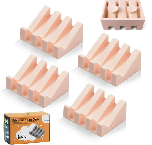 Silicone Soap Dish with Drain, Upgrade Double Suction Cups at The Bottom for Anti-Slip and Stability, Soap Dish Shower Waterfall Bar Soap Holder Tray with Drain Soap Holder (4, Pink)