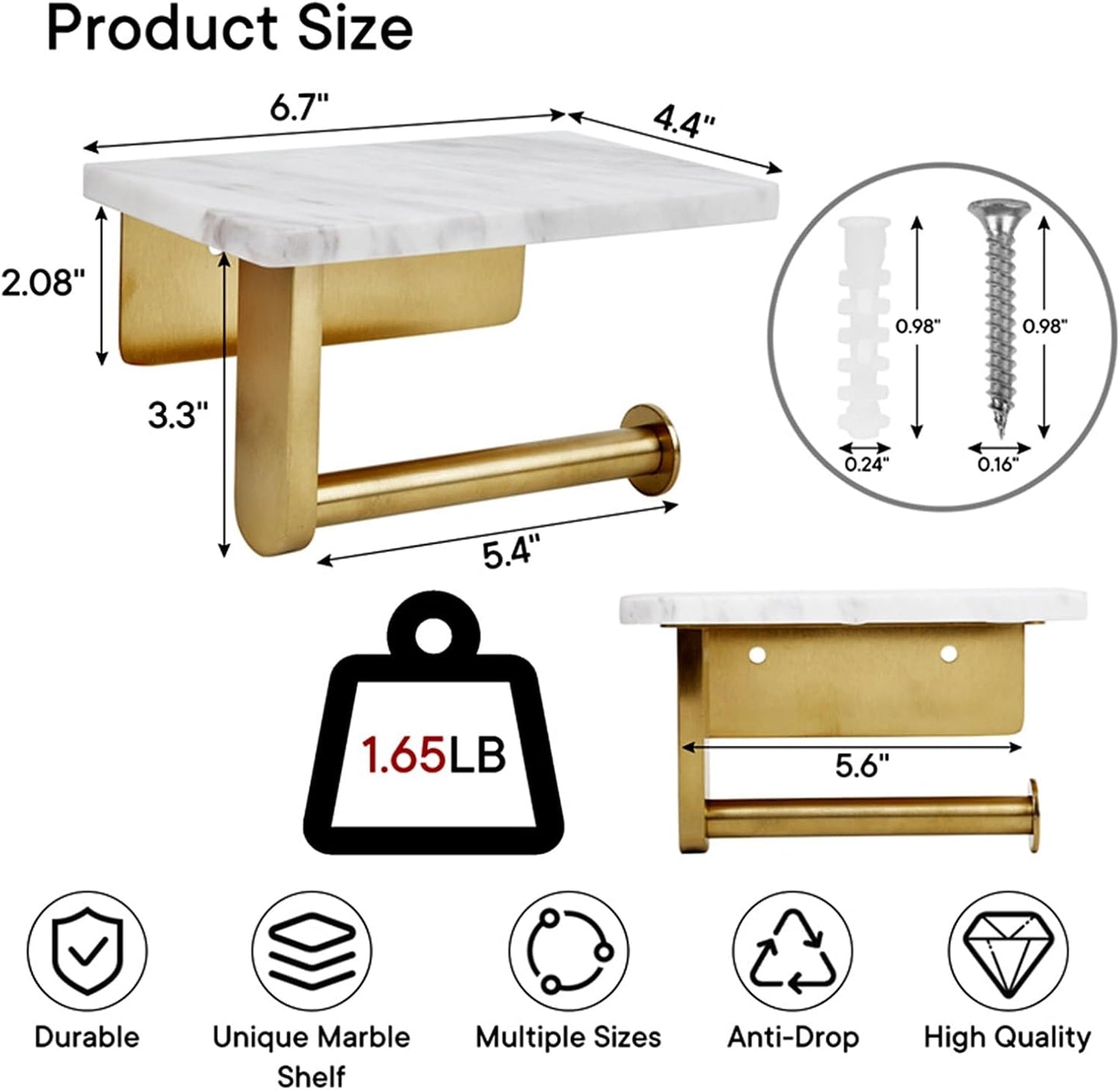 Toilet Paper Holder with Natural Marble Shelf for Bathroom Washroom,Wall Mounted Tissue Holder Suitable for Mega Roll (Brushed Gold, Small 6.7 * 4.3 in)